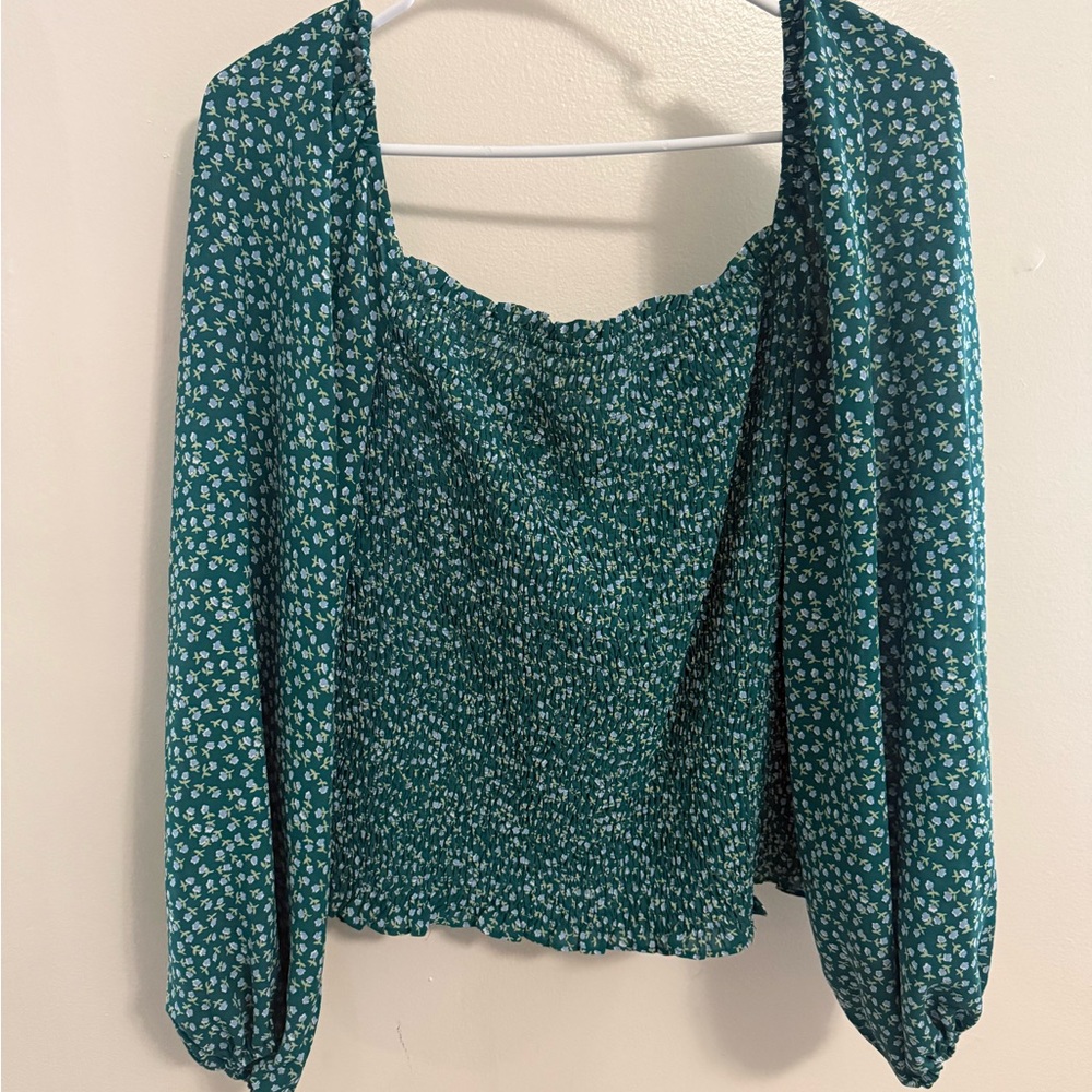 SHEIN Teal Green Floral Smocked Long-Sleeve Blouse